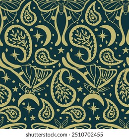 Cream and teal seamless pattern with celestial luna moth and paisley motif. Stars and moons boho wallpaper. Nocturnal butterfly background.