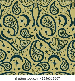 Cream and teal seamless pattern with celestial luna moth and paisley motif. Stars and moons boho wallpaper. Nocturnal butterfly background.