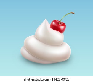 Cream texture with cherry isolated on blue background. Realistic 3d creamy icon. Vector ice cream product and red berry template.