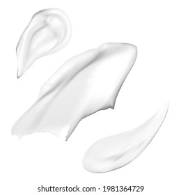 Cream texture. Face cream smear swatch, lotion stroke, facial skin care gel drop illustration. Foundation mousse brush stroke set. Smooth drop sample, realistic gloss blush
