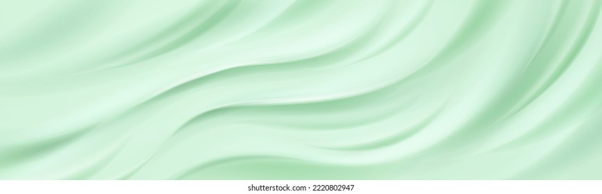 Cream texture, green background of cosmetics gel or ice cream with smooth ripples and waves. Mint cosmetic, frosting, moisture balm, creamy dessert horizontal backdrop Realistic 3d vector illustration