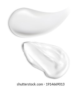 Cream texture. Isolated cosmetic cream stroke, face care gel. White cream smear isolated on background. Facial sunscreen creme smudge, milk splash illustration. Creamy foundation or moisturizer