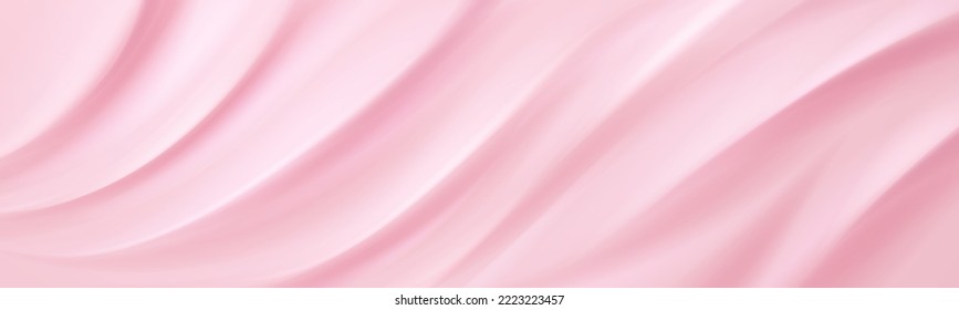 Cream texture, pink background of cosmetics gel or ice cream with smooth ripples and waves. Strawberry cosmetic, frosting, moisture balm, creamy dessert, Realistic 3d vector horizontal backdrop