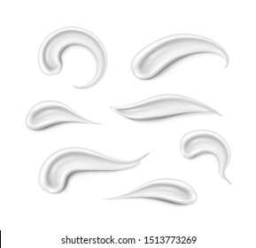 Cream texture stroke set isolated on white background. Facial creme, foam, gel or body lotion skincare elements. Vector face cream cosmetic product smear swatch.