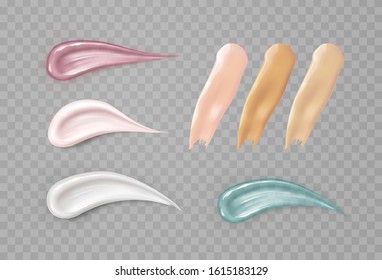 Cream texture stroke set isolated on transparent background. Liquid lipstick, facial creme, gel or body lotion templates. Vector face cosmetic product smear swatch.