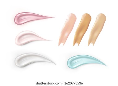 Cream texture stroke set isolated on white background. Liquid lipstick, facial creme, gel or body lotion templates. Vector face cosmetic product smear swatch.
