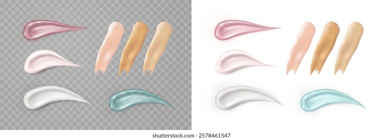 Cream texture stroke set isolated on transparent and white background. Facial liquid creme, gel or body lotion smear templates. Vector face cosmetic product swatches