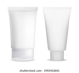 Cream tube blank. Cosmetic lotion package white. Gel container mockup. Medical product wrapper illustration. Soft tubes for tooth paste or acne creme or sunscreen. Squeeze pack with cap