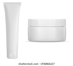 Cream tube. Cosmetic jar mockup. Round cream jar, white plastic packaging. Tooth paste tube blank. Facial skin care pack, 3d front view. Realistic pharmacy product container, clean pack