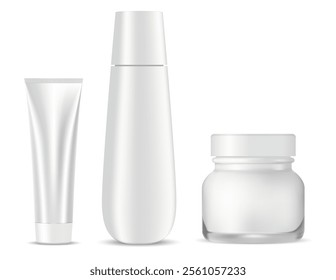 Cream tube, cosmetic cream jar and shampoo bottle set. Shower conditioner flacon, realistic clean template collection. Face skin cosmetics pack. Tonic bottle design, moisturizer tube