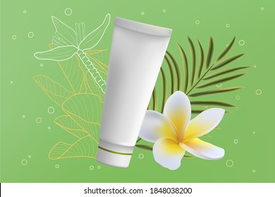 Cream tube cosmetics vector illustration. 3d realistic package ads with creamy product for beauty face skincare, green palm leaves and plumeria flower, healthcare cosmetology advertising background