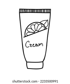 Cream in tube hand-drawn linear doodle sketch. Vector illustration isolated on white background. 