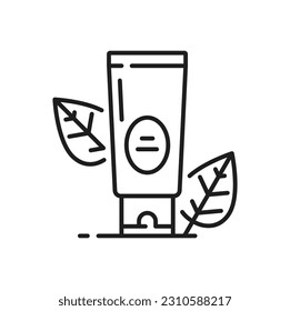 Cream tube icon of face skin care beauty, hand cream package, vector line pictogram. Facial moisturizer or herbal cosmetics tube for skincare, face anti aging, hydration and lifting treatment