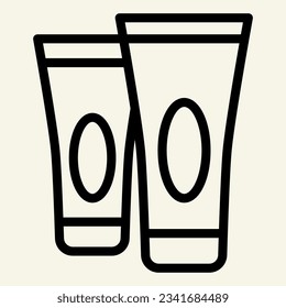 Cream tube line icon. Two cosmetic cream tubes symbol, outline style pictogram on beige background. Hotel cosmetics sign mobile concept web design. Vector graphics.