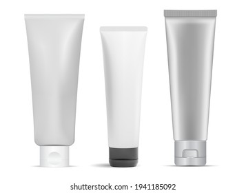 Cream tube mockup. Cosmetic cream package, glue. Toothpaste tube, realistic 3d product blank. Facial skin care gel bottle. Medical ointment tube isolated on white background. Bath, body care
