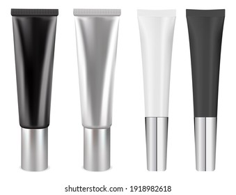 Cream tube mockup. White cosmetic package blank, isolated vector. Silver, black container for skin care beauty product. Face or hand cream plastic tube