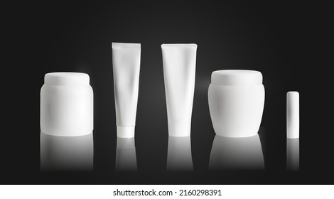 Cream tube mockup with white jar and lipstick on black background. Cosmetics packaging mock up. Vector illustration.