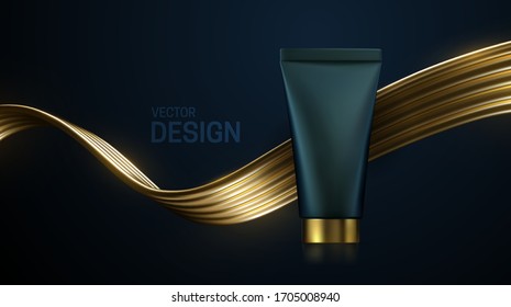 Cream tube on black background with golden streaming wave. Vector 3d illustration. Cosmetic package mockup. Hair repair product concept.