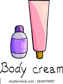 Cream and tube on a white background, cartoon style, isolated, purple, pink, body cream, ointment, balm, body care, cosmetics, spa, bath, shop, beauty, caring, cosmetic line, for women, purchase, cute