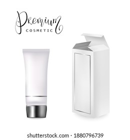 Cream tube and packaging. 3d white cosmetic gel vector template. Ointment or toothpaste box mockup. Package cream and packaging lotion cosmetic illustration