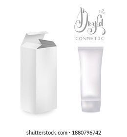 Cream tube and packaging. 3d white cosmetic gel vector template. Ointment or toothpaste box mockup. Package cream and packaging lotion cosmetic illustration