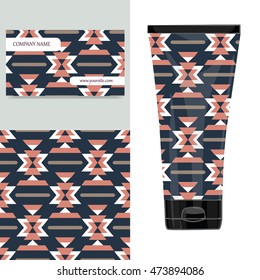 Cream tube pattern with aztec tribal pattern. Vector illustration. Visit card, packaging for organic cosmetic.