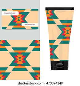 Cream tube pattern with aztec tribal pattern. Vector illustration. Visit card, packaging for organic cosmetic.
