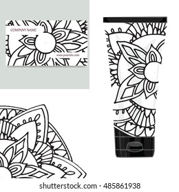 Cream tube pattern with mandala. Vector illustration. Visit card, packaging for organic cosmetic, medallion