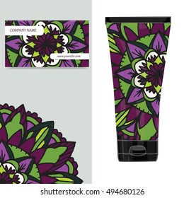 Cream tube pattern with mandala. Vector illustration. Visit card, packaging for organic cosmetic, medallion