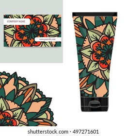 Cream tube pattern with mandala. Vector illustration. Visit card, packaging for organic cosmetic, medallion
