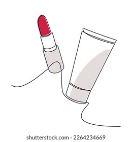 Tubo de crema y vectores de lápiz labial rojo de una línea de ilustración continua. Icono de silueta lineal dibujado a mano. Diseño mínimo, maquillaje impreso, banner cosmético, tarjeta, afiche, folleto, logotipo de belleza.