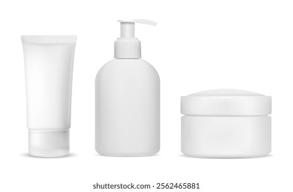 Cream tube, soap dispenser, cosmetic cream jar, white plastic vector mockup. Liquid soap airless pump dispenser template design. Body skin moisturizer pack. Realistic cream container illustration