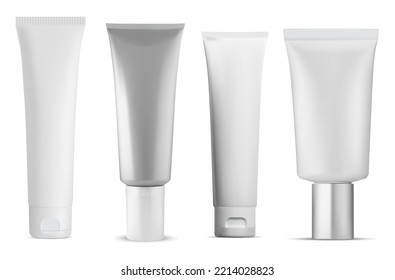 Creme Tube Vektor-Paket leere, realisitische Schönheitsprodukte Design. Sonnenschutzcreme Plastikflasche einzeln auf dem Bildschirm. Zahnpastenpresse-Tube, saubere Vorlage, Gesichtshaut oder Gel