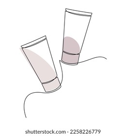 Cream tubes set. Cosmetic packaging vector. One line continuous drawing illustration. Hand drawn linear silhouette icon. Skin care product, body lotion, balm, gel, shampoo. Minimal design, logo, card.