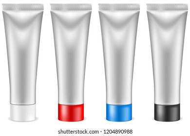 Cream tubes. Silver containers with colored lids. Vector 3d illustration isolated on white background