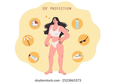 Cream with uv protection for women, want to get even tan and not become victim of radiation. Girl tourist chooses one of several ways for uv protection and salvation from bright sunlight