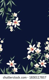 cream vector flowers with green leaves border pattern on navy background