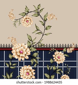 cream vector flowers with green leaves border pattern on black stripe background