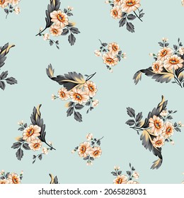 cream vector flowers with grey leaves bunches pattern on blue background