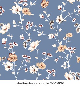 cream vector flowers with leaves pattern on blue background