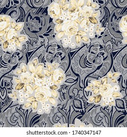 cream vector flowers with navy paisley grey background