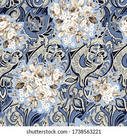 cream vector flowers pattern on blue paisley background