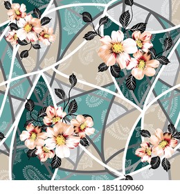 cream vector flowers pattern on seamless green and cream bandanna halftone paisley background