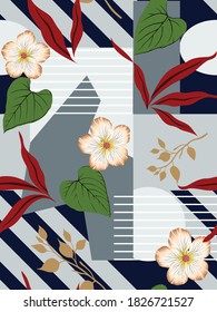 cream vector flowers with red and green leaf pattern on grey seamless stripe background