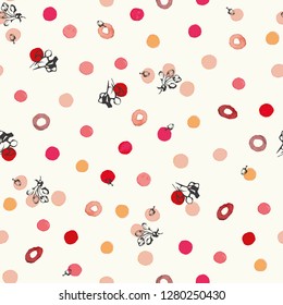 Cream vector repeat pattern with black silhouette flower buds and pink watercolour dots. Surface pattern design.