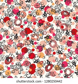 Cream vector repeat pattern with black silhouette flower buds and pink and red watercolour dots. Surface pattern design.