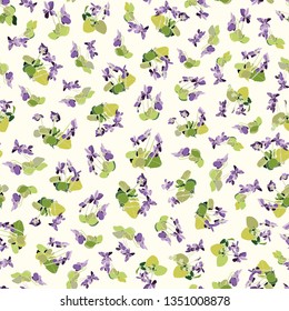 Cream vector repeat pattern with blue viola. Surface pattern design.