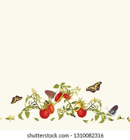 Cream vector repeat pattern with red tomatoes, blossoms and branches.Novelty pattern. Kitchen.