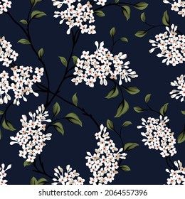 Creme, Vektorgrafik, kleine Blumen mit grünen Blättern, Muster auf marinem Hintergrund