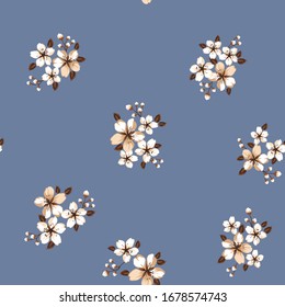 cream vector small flowers with leaves pattern on blue background